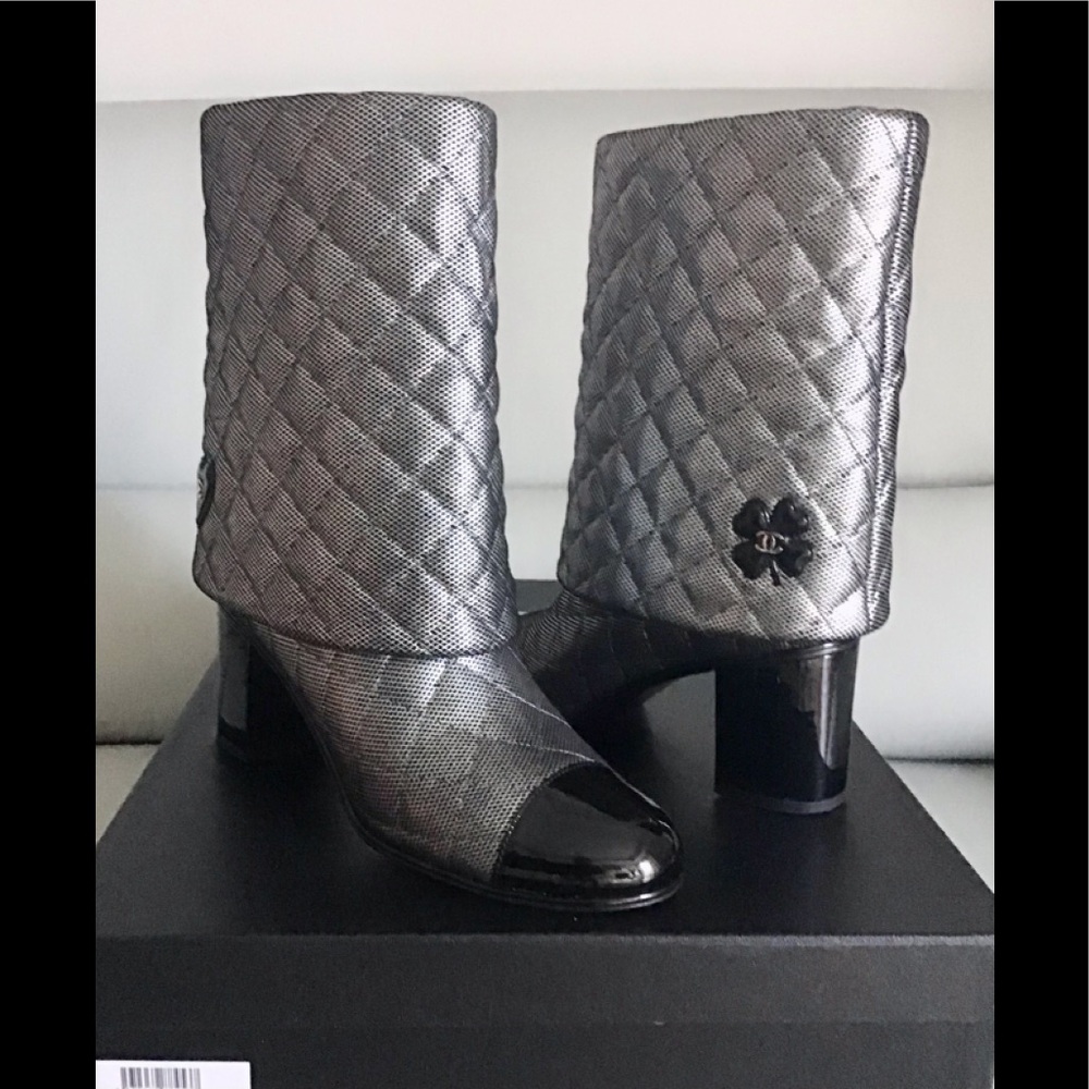 Chanel Fold Over Boots Quilted Metallic Leather Silver/Black Patent-Sz 39.5 NEW
